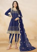 Art Silk Blue Wedding Wear Embroidery Work Readymade Afghani Suit